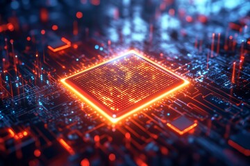 Aufkleber - Technology shines with glowing microchip on a circuit board illuminated by vibrant blue and red lights in a dark setting