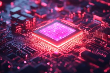 Aufkleber - Computer circuit board with glowing processor at night showcasing advanced technology and design
