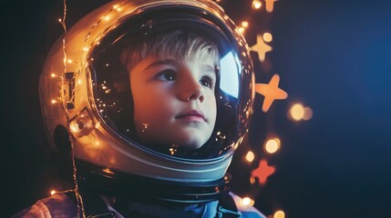 Poster - A young boy in a space suit with colorful lights in the background, perfect for sci-fi themed projects or children's illustrations