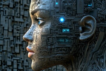 Aufkleber - Futuristic robot face with intricate circuit patterns and glowing blue details set against a dark technological background
