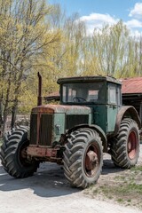 Poster - A classic old green tractor parked in front of a rustic barn