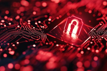 Poster - Digital representation of cybersecurity with a padlock symbol on a circuit board background in red tones