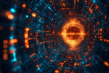 Poster - Futuristic tunnel with glowing orange and blue lights creating a digital vortex effect
