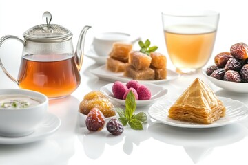 Poster - A table set with breakfast plates, cups, and utensils next to a teapot filled with steaming hot tea