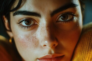 Poster - Close-up shot of a woman's face with visible freckles, suitable for beauty or lifestyle content