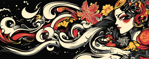 Poster - Vibrant abstract art of woman with flowing hair and flowers in dynamic colors.