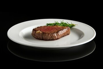 Poster - A juicy steak served on a white plate with a fragrant sprig of rosemary