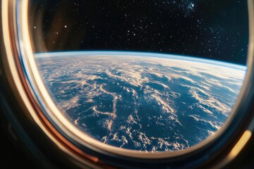 Poster - View from airplane window showing the curvature of the earth, with clouds and blue sky