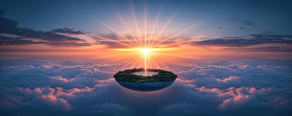Aufkleber - Sunset landscape abstract background idea. A breathtaking sunrise over a floating island above the clouds with radiant light.