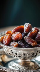 Poster - A silver bowl filled with dates placed on a table, ideal for use in still life photography or as a decorative element