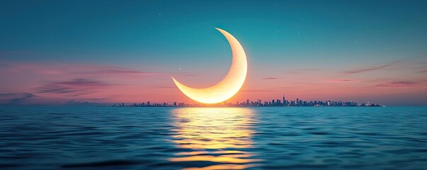Poster - Negative space design abstract background concept. A serene landscape featuring a crescent moon over calm waters at twilight.