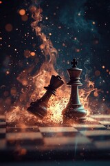 Poster - Two chess pieces on a chess board engulfed in flames, dramatic and intense scene