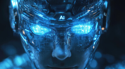 Poster - Futuristic AI humanoid with glowing blue cybernetic eyes, advanced artificial intelligence technology, robotic innovation, machine learning concept, sci-fi vision, high-tech cybernetics.