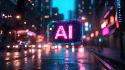 Poster - Neon glowing AI sign,designation, typography in a futuristic digital environment,symbolizing artificial intelligence,machine learning,data processing,future of cybernetics.,copy space,banner