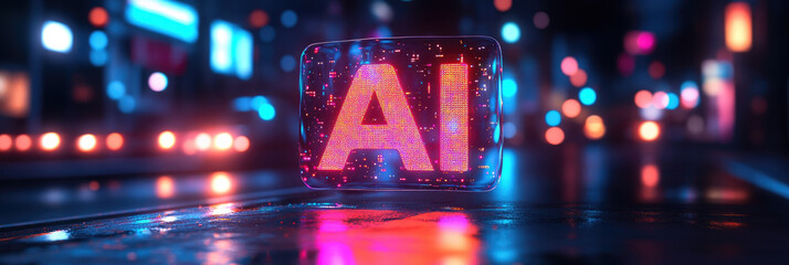 Poster - Neon glowing AI sign,designation, typography in a futuristic digital environment,symbolizing artificial intelligence,machine learning,data processing,future of cybernetics.,copy space,banner
