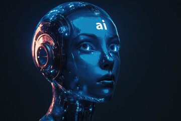 Poster - cybernetic AI humanoid robot with futuristic mechanical face,artificial intelligence interface. Concept of robotics, machine learning,advanced cybernetics.copy space,banner.