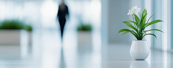 Aufkleber - Negative space design abstract background concept. A minimalist indoor scene featuring a potted plant and a blurred figure in the background.