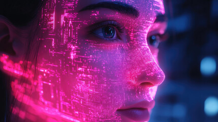 Poster - Futuristic female face with glowing pink digital elements, symbolizing artificial intelligence, augmented reality, and cybernetic enhancement in a high-tech digital environment.