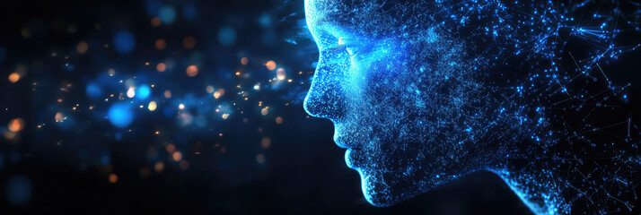 Poster - Artificial intelligence visualization human head composed of glowing neural network,connected to digital matrix.Symbolizing deep learning,big data,the evolution AI-driven technology.?opy space,banner