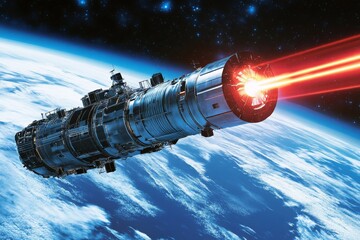 Aufkleber - Spacecraft fires laser beams over Earth during a sci-fi mission in the cosmos