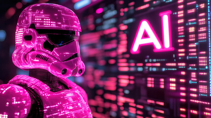 Poster - Futuristic cyber soldier with a glowing pink helmet, standing in front of a neon AI interface. Concept of artificial intelligence, robotics, cyber security, and advanced technology in a digital world.