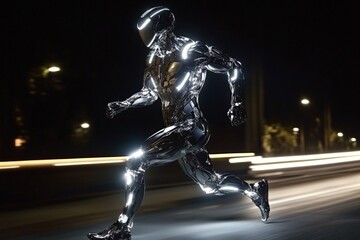 Aufkleber - Modern robotic figure sprinting through a city street illuminated by neon lights at night