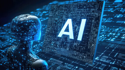 Poster - Futuristic AI humanoid with a glowing digital head, composed of circuits data patterns,standing in a high-tech cyber environment. Concept of artificial intelligence, deep learning, advanced computing.