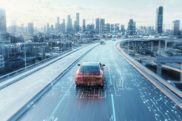 Poster - High-tech vehicle navigating a futuristic city highway with digital overlays and modern skyline