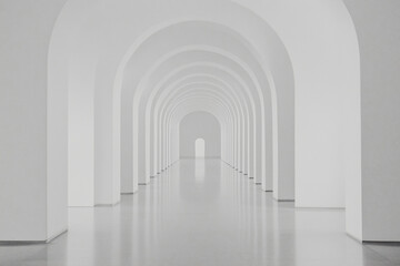 Poster - Ethereal Arches: Captivating perspective of a long hallway with symmetrical arches, creating a sense of endless depth and minimalist elegance.