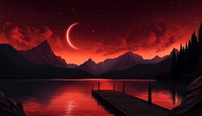 Wall Mural - beautiful night landscape panoramic view on the mountains landscape lake and forest under full moon.