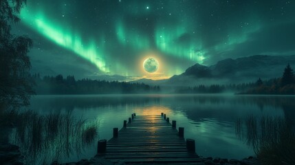 Wall Mural - beautiful northern lights in the sky with stars, the aurora borealis over a winter lake and mountain