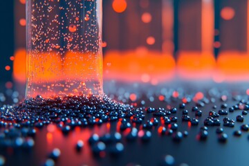 Fototapete - Bubbles rising from vibrant blue beads on a dark surface illuminated by colorful backlight creating an artistic atmosphere