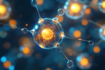 Fototapete - Microscopic view of vibrant molecules with glowing elements in a dark, abstract background