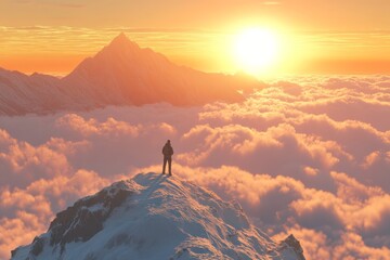 Wall Mural - a man stands on the top of a mountain above the clouds, with a beautiful sunrise, bright light on th