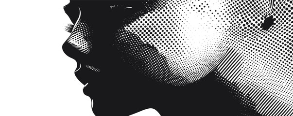 Poster - Abstract monochrome portrait of young woman with detailed dot patterns and shadows.