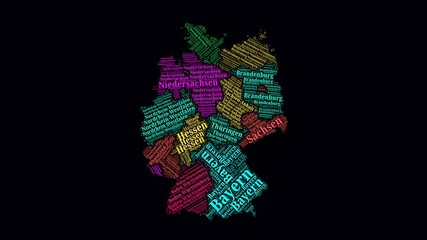 Poster - Germany Intro Video. Regions Word Clouds Animation. Germany regions names in German language fading in on black background. Country building of territory names video. Trending animation.