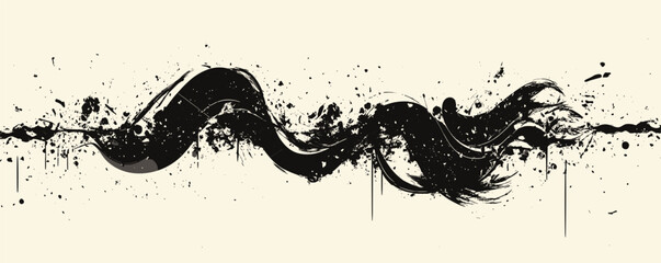 Poster - Dynamic abstract black ink splatters and swirls on light background.