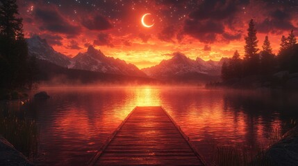 Wall Mural - a wooden dock on the edge of an alpine lake, with misty and mountains and moon in the background.