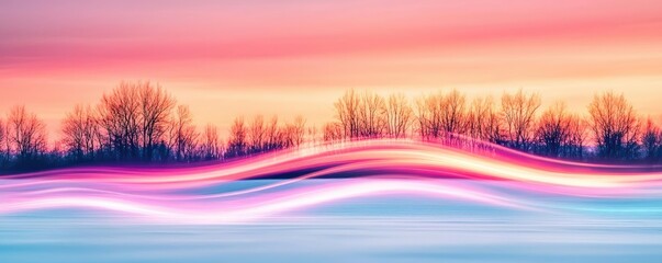 Poster - Sunset landscape abstract background idea. Vibrant landscape with colorful waves and silhouette trees at sunset.