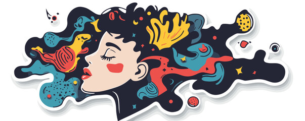 Poster - Colorful abstract portrait of a woman with flowing hair and vibrant shapes in a surreal style.