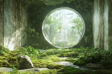Aufkleber - Overgrown interior with circular window revealing lush greenery under soft sunlight