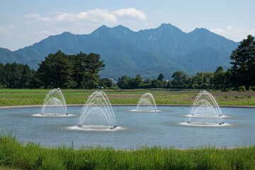 Poster - Water fountains create a refreshing display in a serene pond surrounded by mountains on a sunny day