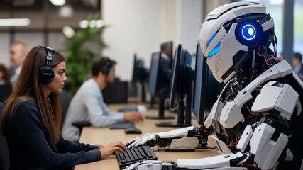 Poster - In a tech workspace, a dedicated female employee collaborates with a humanoid robot, highlighting the synergy of human and artificial intelligence to boost productivity and foster innovation