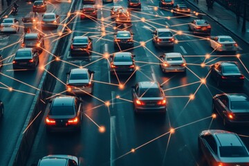 Aufkleber - Traffic flow in a busy urban area with connected vehicles at dusk