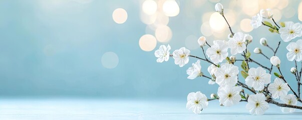 Poster - Negative space design abstract background concept. A serene blossom branch on a soft blue background with blurred lights creating a dreamy effect.