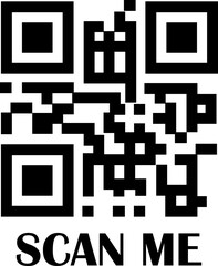 Poster - QR Code Scan black icon. Scan me text vector. Smartphone usage. Electronic, barcode, digital technology. QR code for mobile app, payment, identification and website isolated on transparent background.