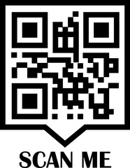 Poster - QR Code Scan black icon. Scan me text vector. Smartphone usage. Electronic, barcode, digital technology. QR code for mobile app, payment, identification and website isolated on transparent background.