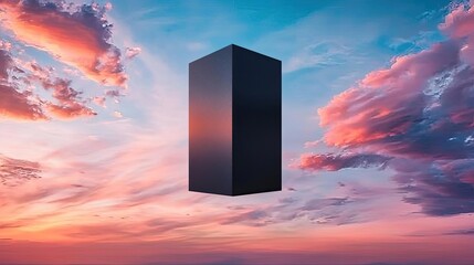 Aufkleber - Surrealist art abstract background concept. Futuristic black monolith against a vibrant sunset sky with colorful clouds.