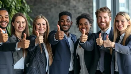 Poster - In a modern office, a diverse group of professionals gives a thumbs up, highlighting the significance of teamwork and collective success in todays business and technology sectors