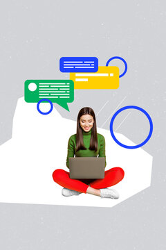 Exclusive artwork banner creative collage of happy girl surf laptop colorful bubble notification speech icon browser text box